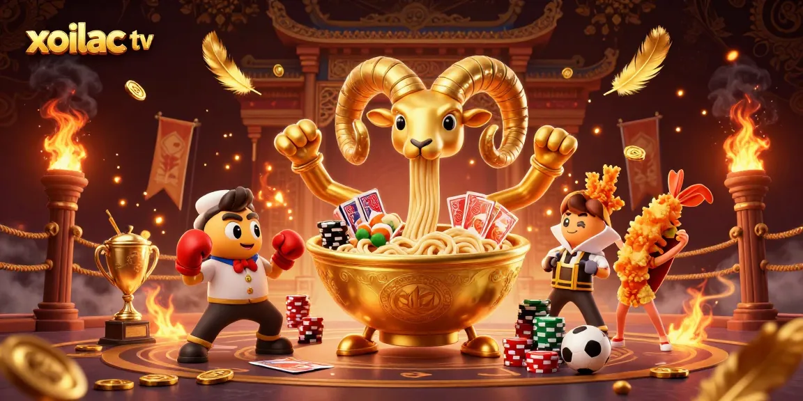 Xoilac TV showcases dynamic sports betting characters in a vibrant 3D scene with rich gambling elements.