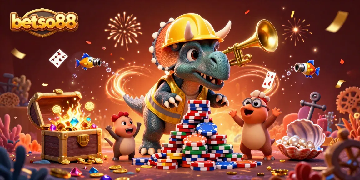 Betso88 interactive scene showcasing a triceratops and parasaurolophus celebrating with poker chips and treasures.