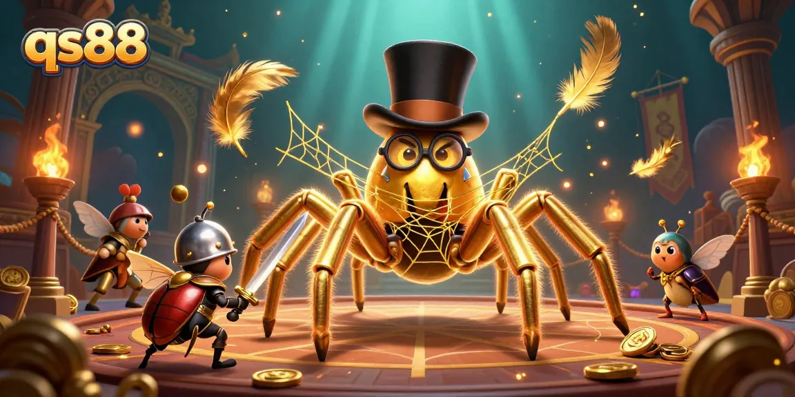Engage with qs88's thrilling online casino scene featuring a playful tarantula and adventurous beetle knight.