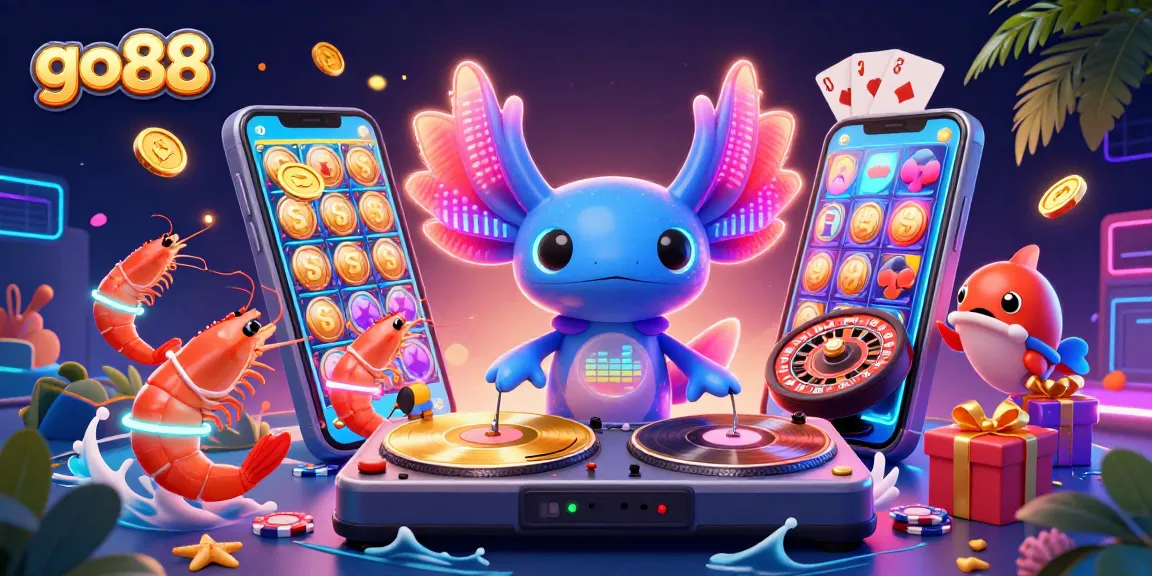 Spin and win at go88 with a vibrant digital casino illustration featuring a neon-colored axolotl DJ and animated game elements.