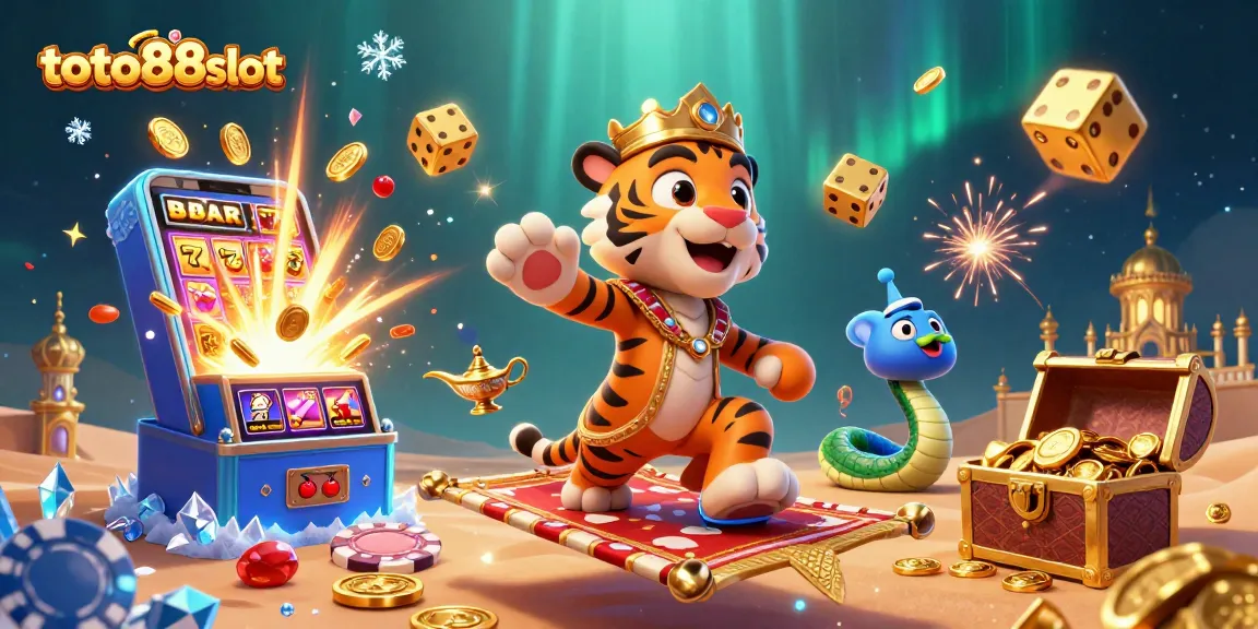 Join the excitement at toto88slot with a vibrant illustration of a sultan, magic lamp, and slot jackpot.
