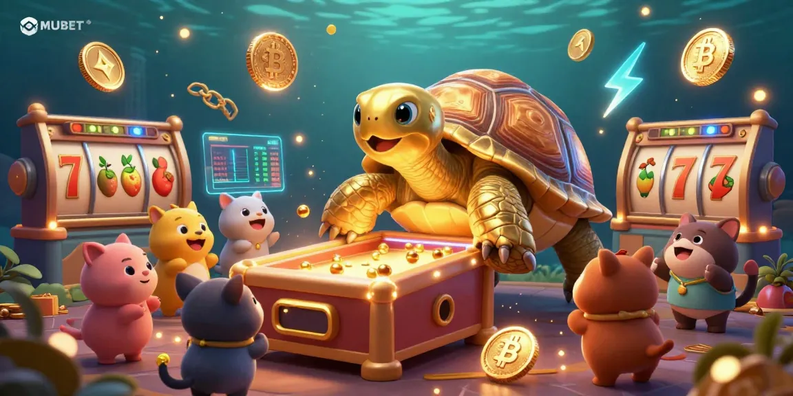 Experience MUBET’s thrilling slot games with a giant tortoise pinball machine 3D scene filled with excitement.