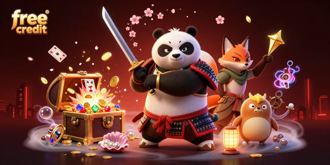 Experience free credit bonuses with our vibrant casino scene featuring samurai panda and ninja fox.