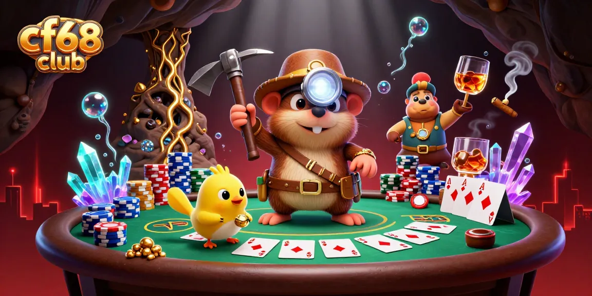 Experience the excitement at cf68 club with a treasure hunter exploring golden gems and poker elements.