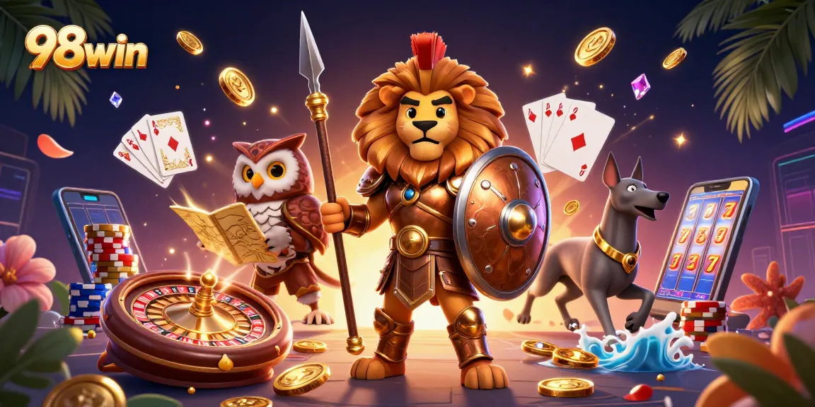 Win big at 98win with a dynamic casino adventure featuring a Spartan lion and glittering gems.