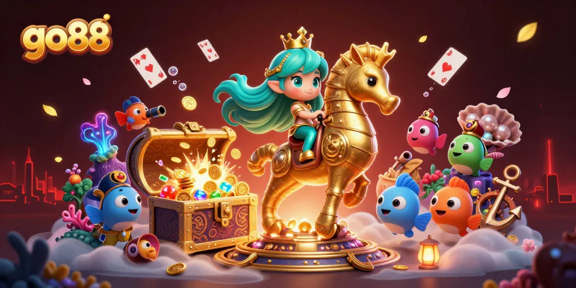 Join the excitement at go88, where the mermaid princess and seahorse dive into underwater treasure in this vibrant 3D illustration.