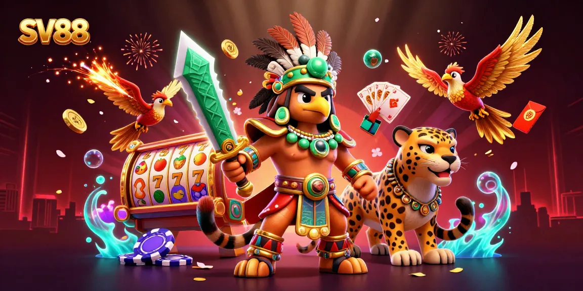 SV88 evokes excitement with vibrant slot reels and lucky symbols filling the casino scene.