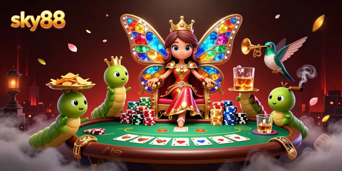 Feel the thrill at sky88 with vibrant poker action featuring a butterfly queen and colorful chips.