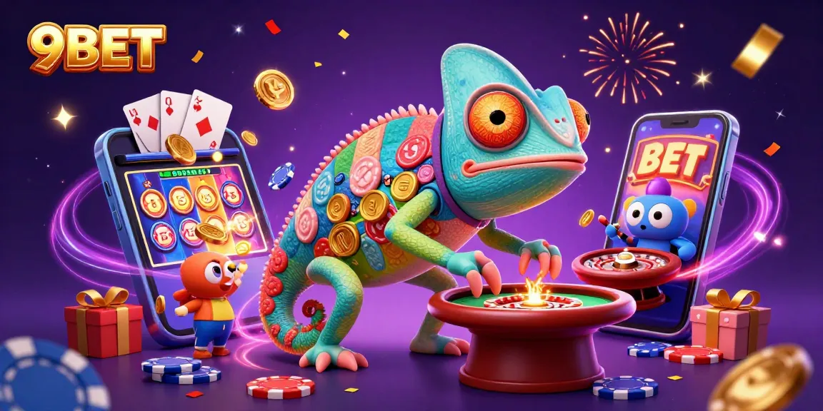 9BET chameleon casino owner captures golden coins while featuring vibrant gaming elements and excitement.