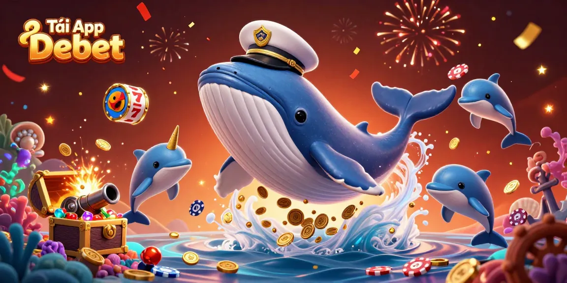Tải App Debet to play with a vibrant, engaging scene featuring a cartoon whale, narwhal, and dolphins amidst slot machine icons.
