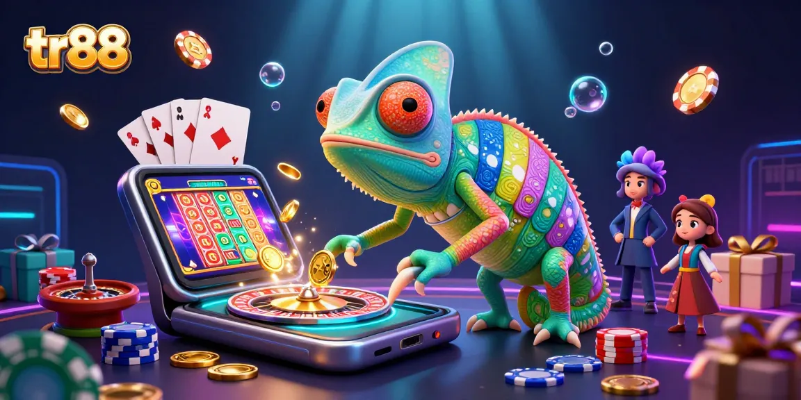 Spin and win with tr88 at the colorful casino, featuring a vibrant chameleon owner and exciting game elements.