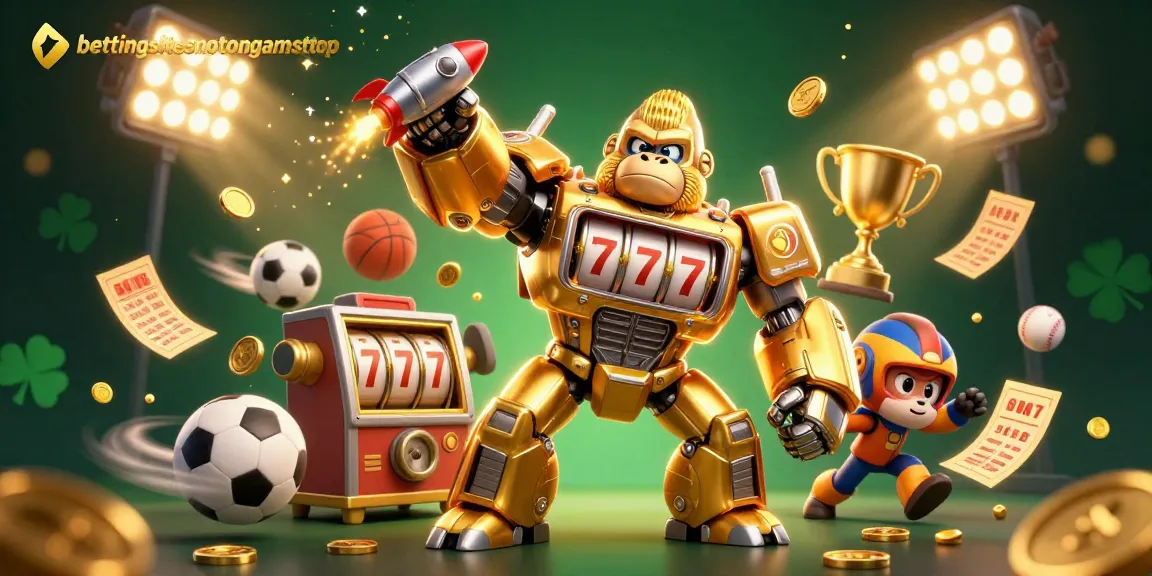 Engage with bettingsitesnotongamstop through a vibrant scene of a cyber gorilla mech and dynamic sports elements.