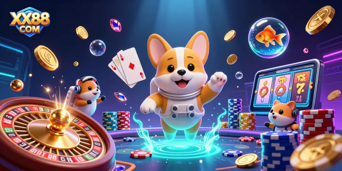 Engage with the exciting world of XX88 COM through this vibrant casino illustration filled with lively characters and gaming elements.
