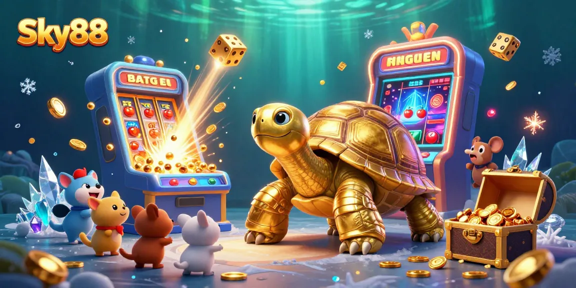 Players enjoy the vibrant Sky88 casino experience with a colossal tortoise game.
