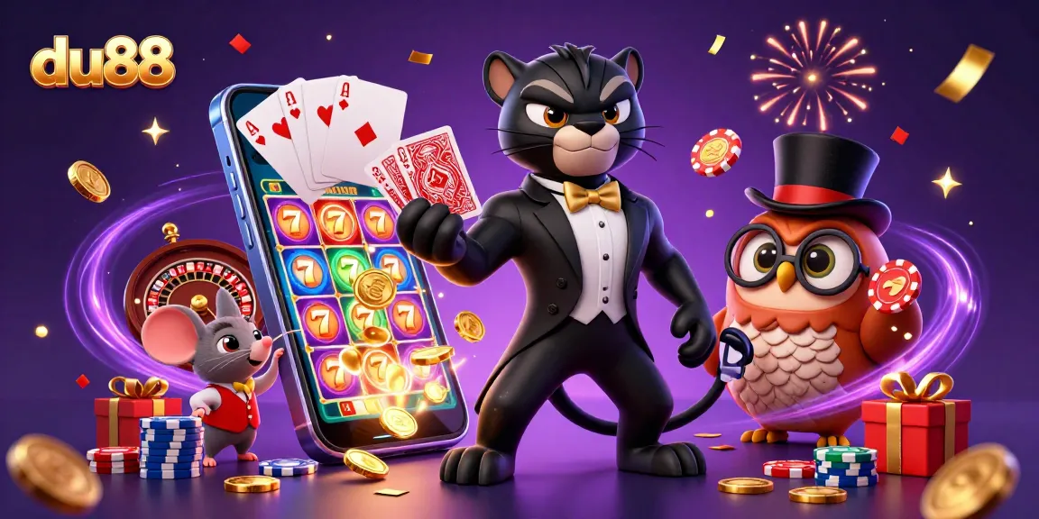 Spin to win at du88 with a panther dealer, owl and a mouse in a festive casino scene.