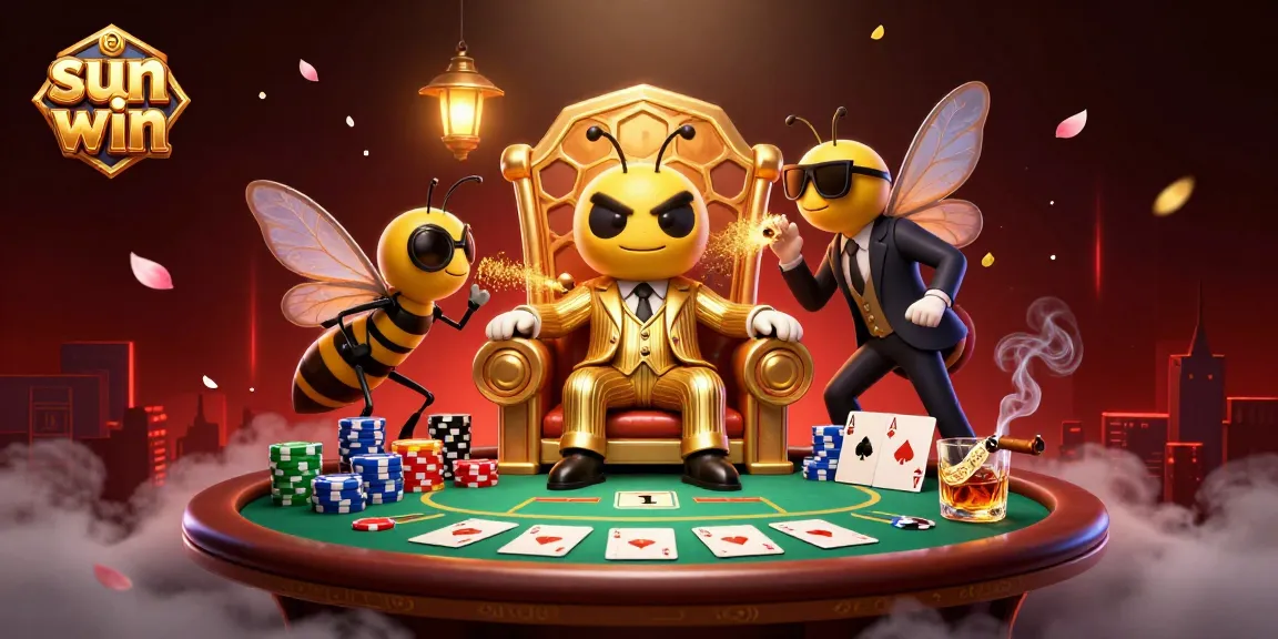 Engage in thrilling gameplay with sun win at a vibrant casino scene featuring a bumblebee mob boss and poker elements.