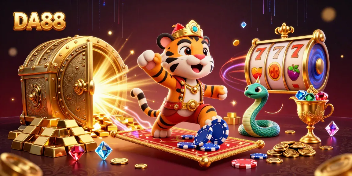 Engage with the excitement of DA88 as a sultan spins on a carpet of poker chips while dynamic slot reels burst with winnings.
