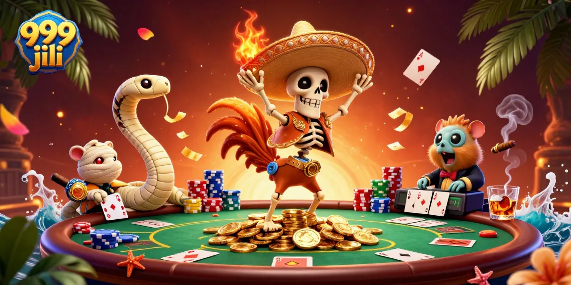 Win in style with 999 jili as a skeleton mariachi dances amidst poker chips and vibrant casino action.