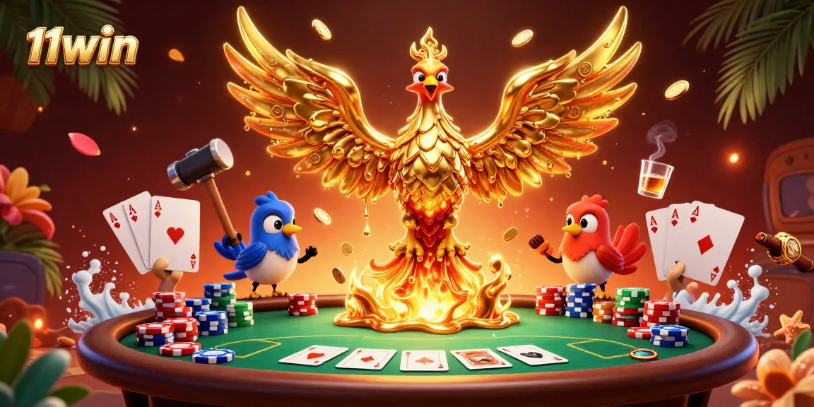 Experience 11win's thrilling atmosphere with a vibrant casino illustration featuring molten gold phoenix and poker elements.