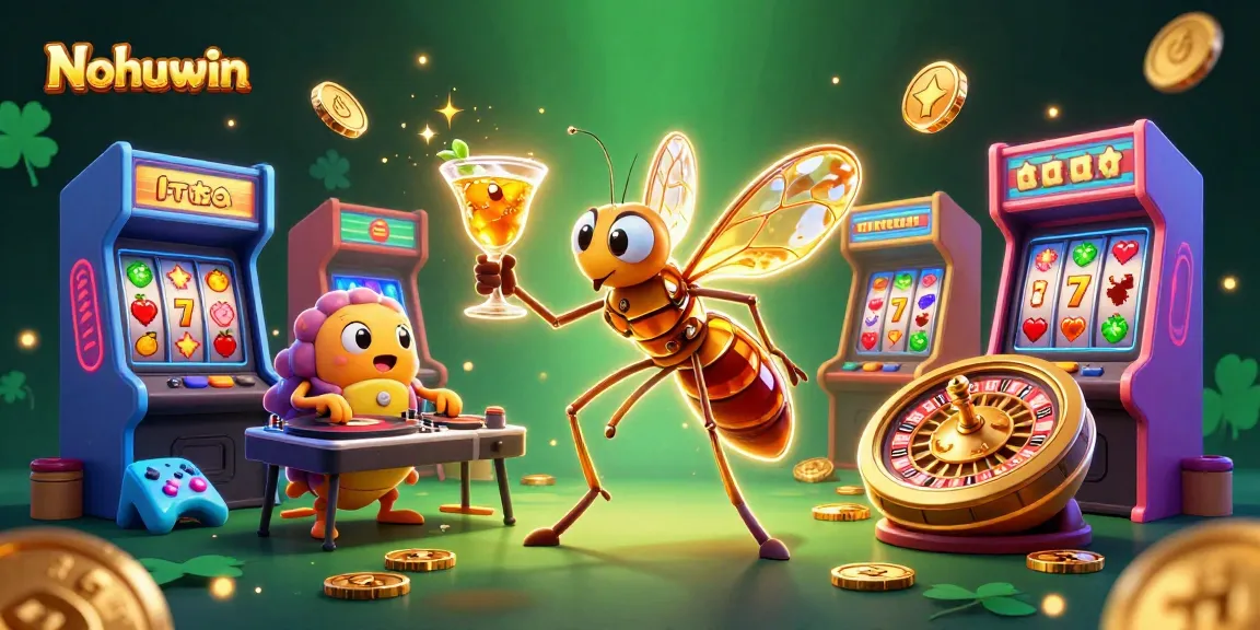 Nohuwin casino mascot character brings excitement with golden cocktails and thrilling game symbols in a vibrant scene.