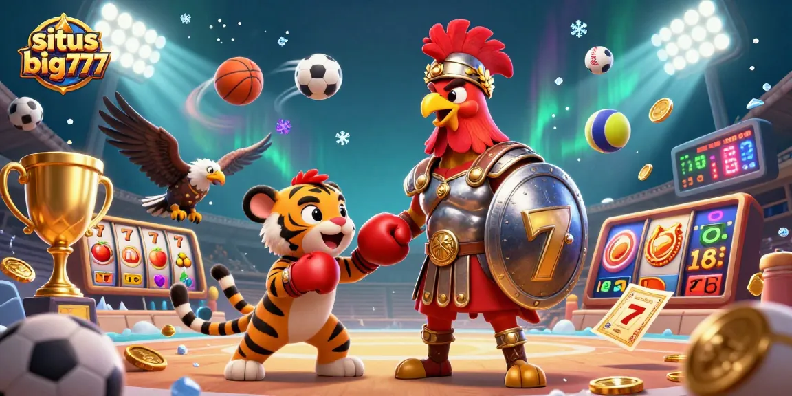 Engage with situs big777's thrilling slot gameplay with cartoon gladiator rooster amidst sparkling casino elements.