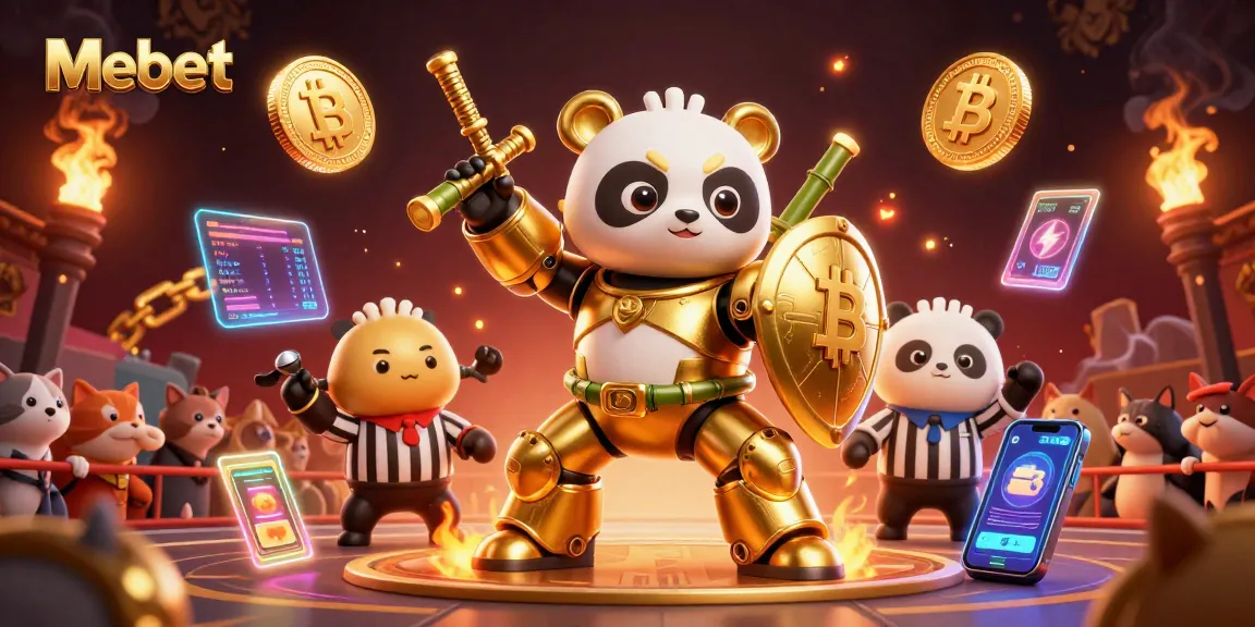 Engaging 3D illustration depicting Mebet gaming with animated panda robot, crypto elements, and vibrant atmosphere.
