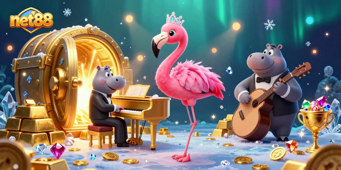 Engage in thrilling moments with net88 as a flamingo singer and hippo bassist perform in a vibrant casino.