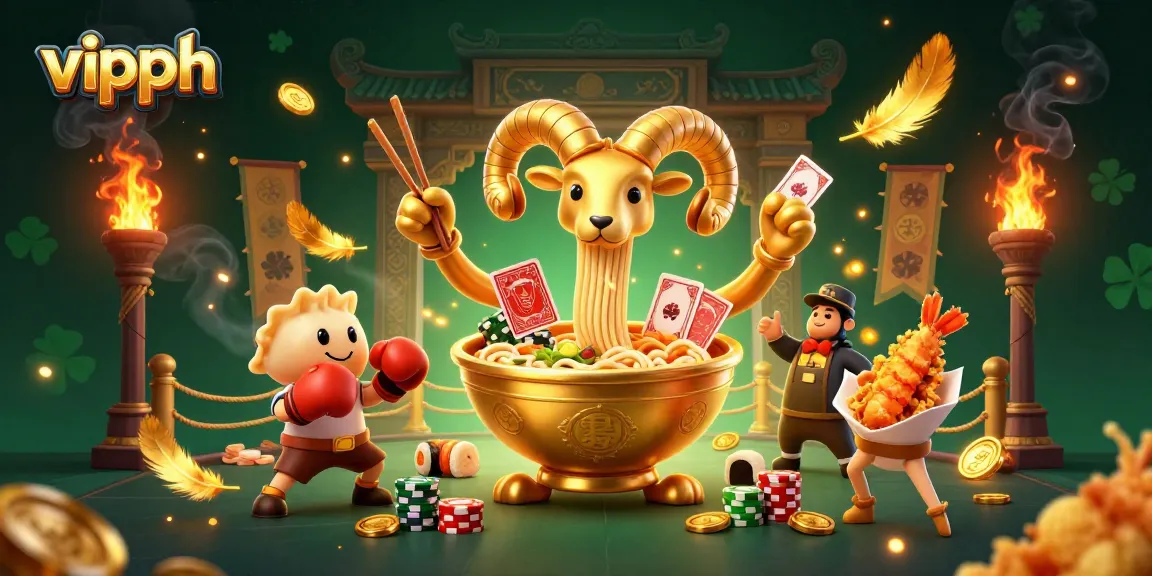 Engage with VIPPH's lively casino atmosphere featuring a giant ramen bowl character and friends in action.