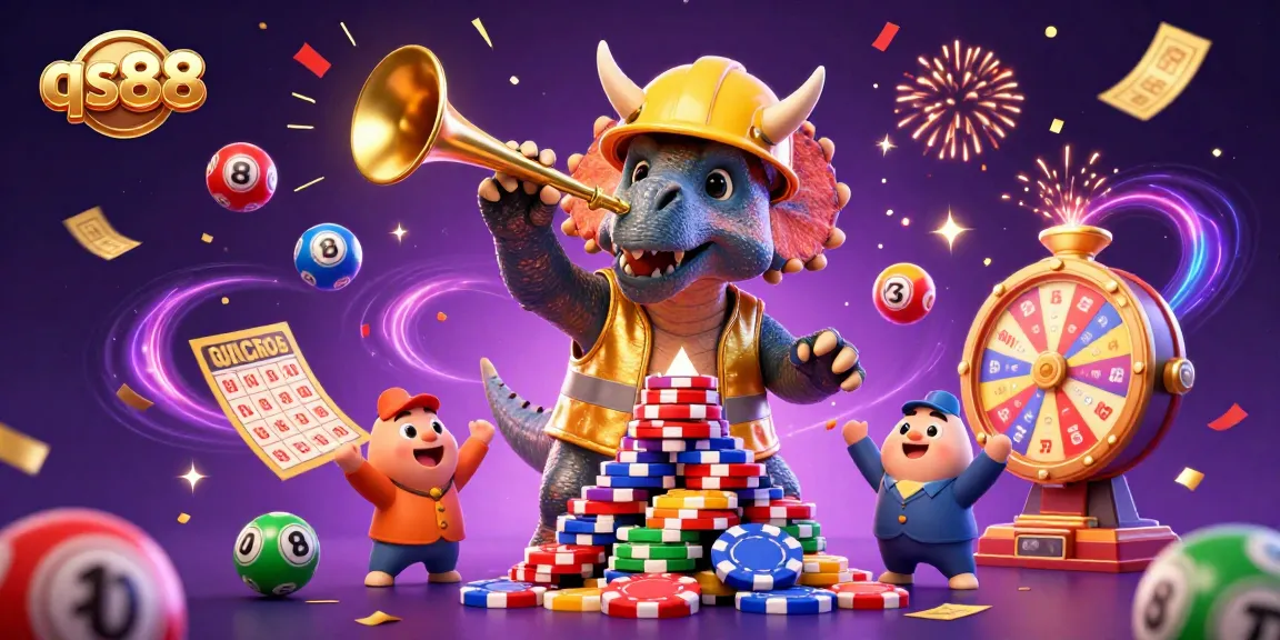 Experience the excitement of qs88 with vibrant celebrations featuring poker chips, a lucky triceratops, and lively game elements.