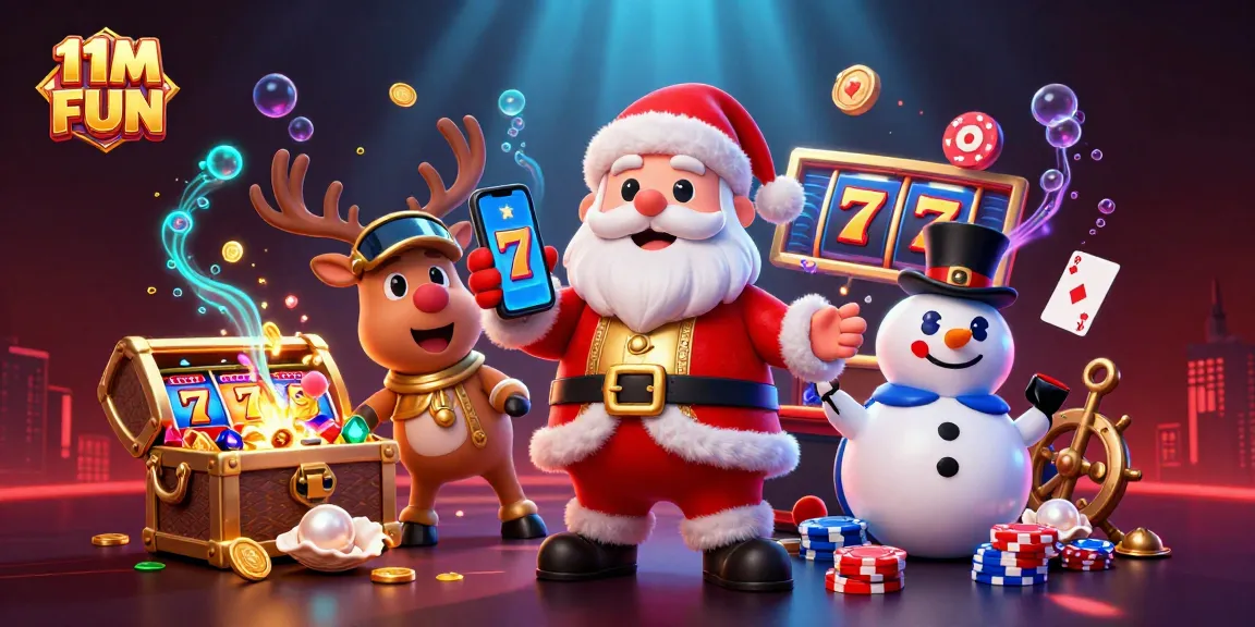 Win big with 11M FUN in this vibrant casino scene featuring Santa and friends!