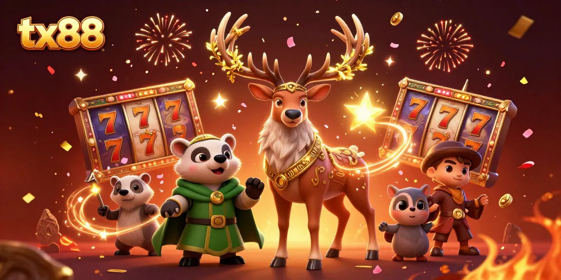 Engage with tx88 slots featuring a Celtic stag and badger in a festive casino illustration.