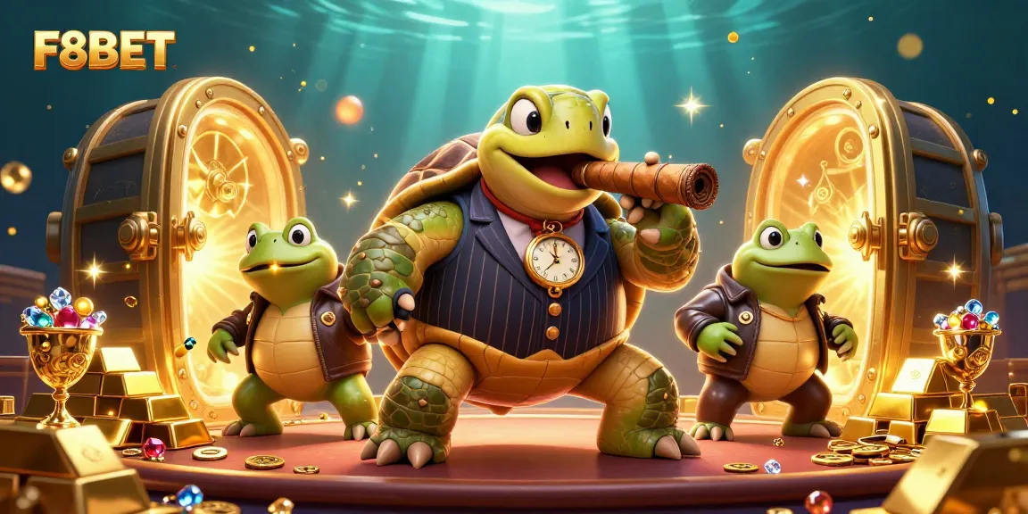 F8BET offers thrilling casino experiences with a vibrant image of a cartoon turtle and frogs amidst treasure and sparks.