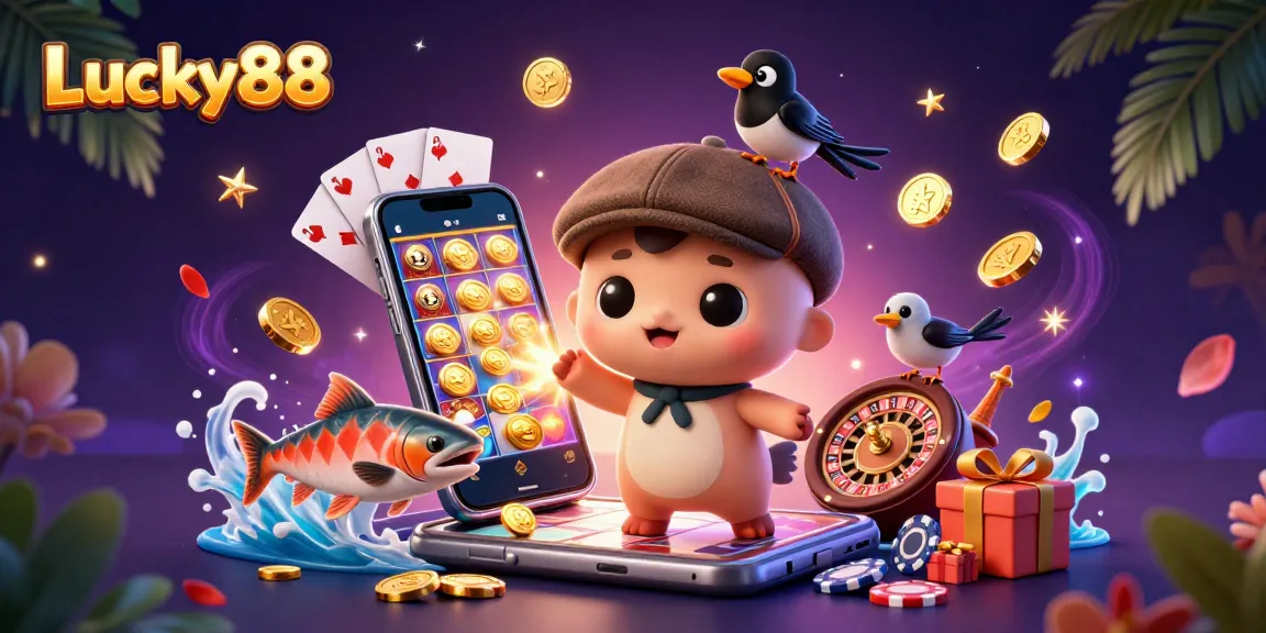 Experience the thrill of winning with Lucky88 in this dynamic casino scene full of playful characters.