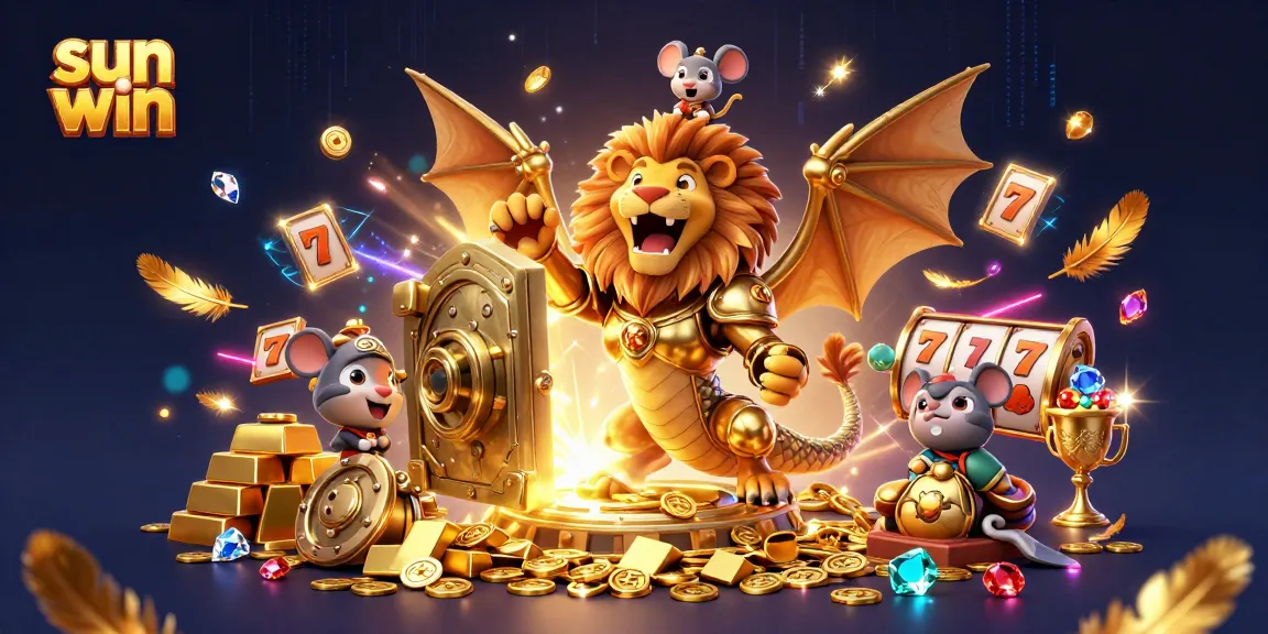 The sun win illustration showcases a roaring chimera and mouse jockey amidst slot reels and golden treasures.