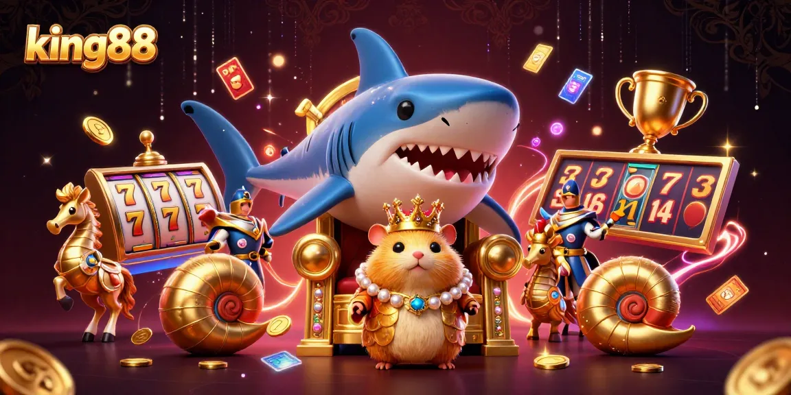 Experience the excitement of king88 with a fierce hamster king and vibrant slot game elements.