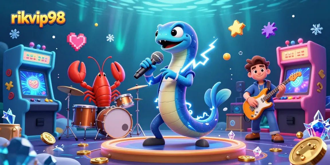 Experience vibrant gaming at rikvip98 with a DJ eel, lobster drummer, and seahorse guitarist