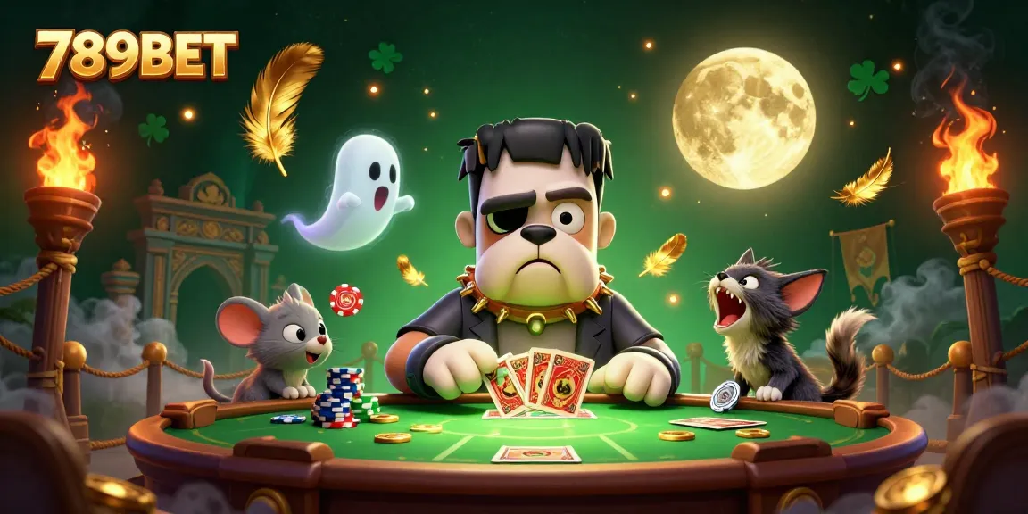 Engage in thrilling card games with 789BET's vibrant casino illustration featuring unique characters.