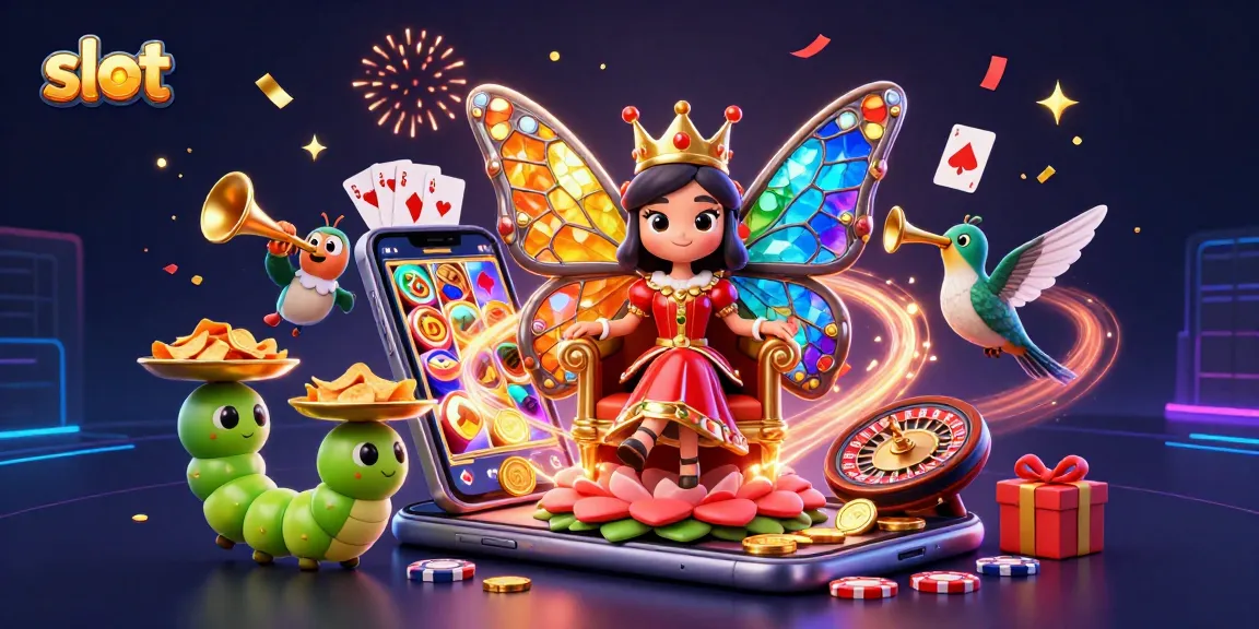 Experience the thrill of slot games with a vibrant scene featuring a butterfly queen and casino elements.