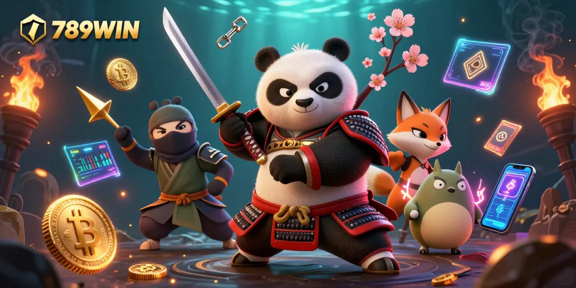 Experience thrilling gaming adventures with 789WIN's vibrant casino illustration showcasing samurai panda and ninja fox.