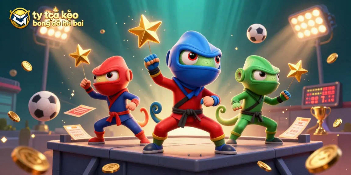 Engage with tỷ lệ kèo bóng đá nhà cái as the ninja chameleons showcase synchronized martial arts atop a vibrant sports-themed scene.