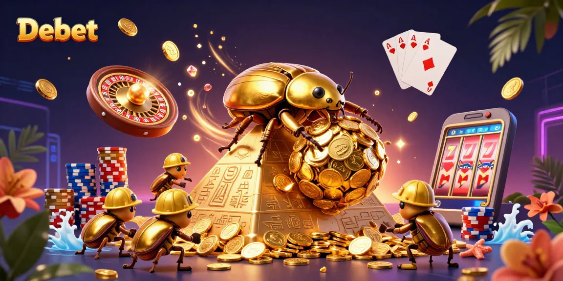 Bet on Debet with golden coins cascading and a vibrant casino scene illustrating luck.