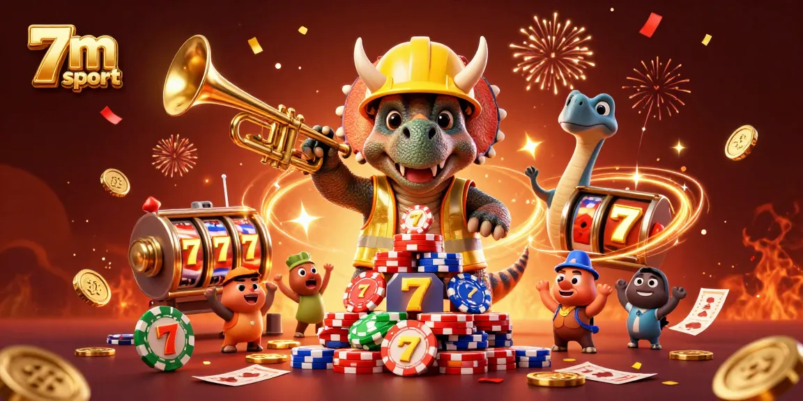 Engaging 3D scene celebrating 7m sport with characters building poker chip structures and festive elements.