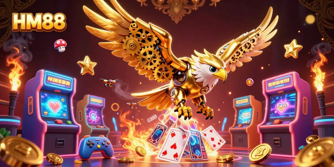 Engage with HM88 in a vibrant 3D digital illustration of a cybernetic eagle diving among gaming elements.