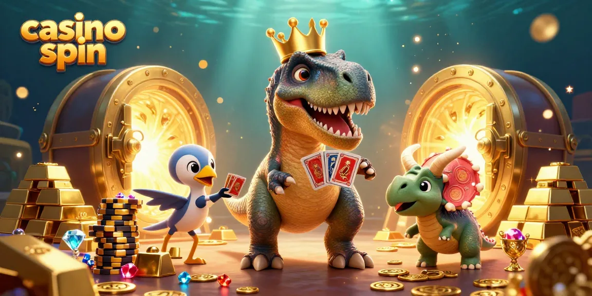 Engage with casino spin: T-Rex shuffles cards as a triceratops stacks chips in a treasure-filled scene.