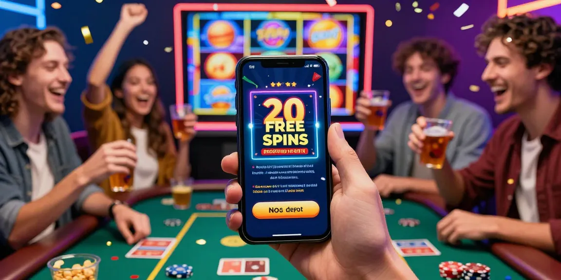 Exciting moment celebrating wins with 20 free spins on registration no deposit at a casino-themed gathering.