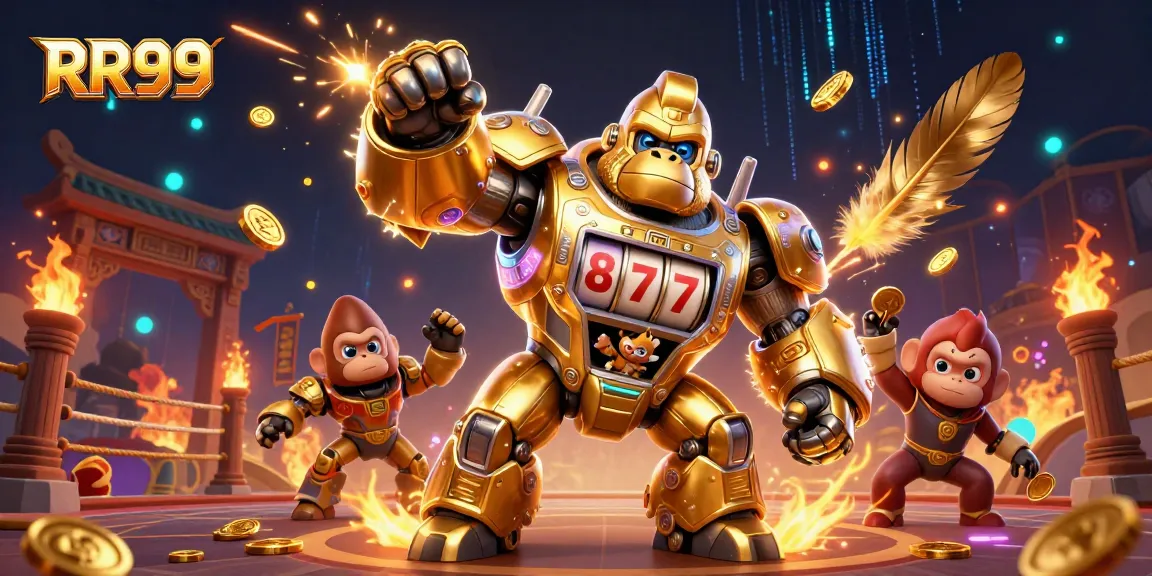 Engage with thrilling RR99 gaming as a golden gorilla mech explodes with coins in an electrifying 3D scene.