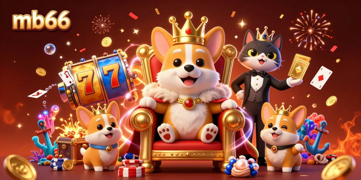 Spin the reels this vibrant mb66 casino illustration showcasing a royal corgi and a cat butler.