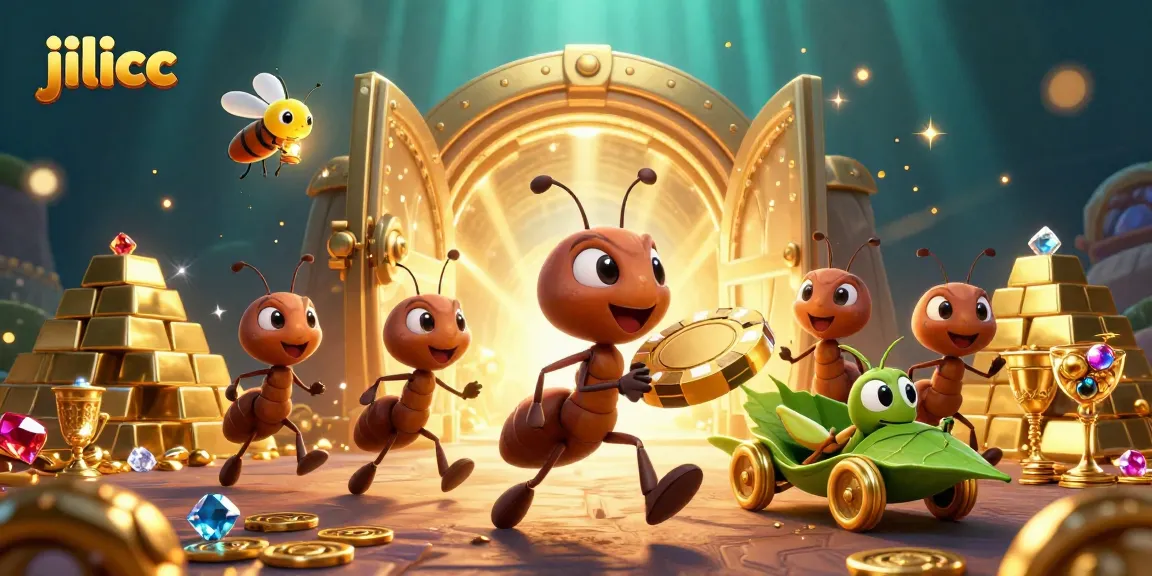Join the action at jilicc as a team of ants heist a massive poker chip amidst golden treasures.