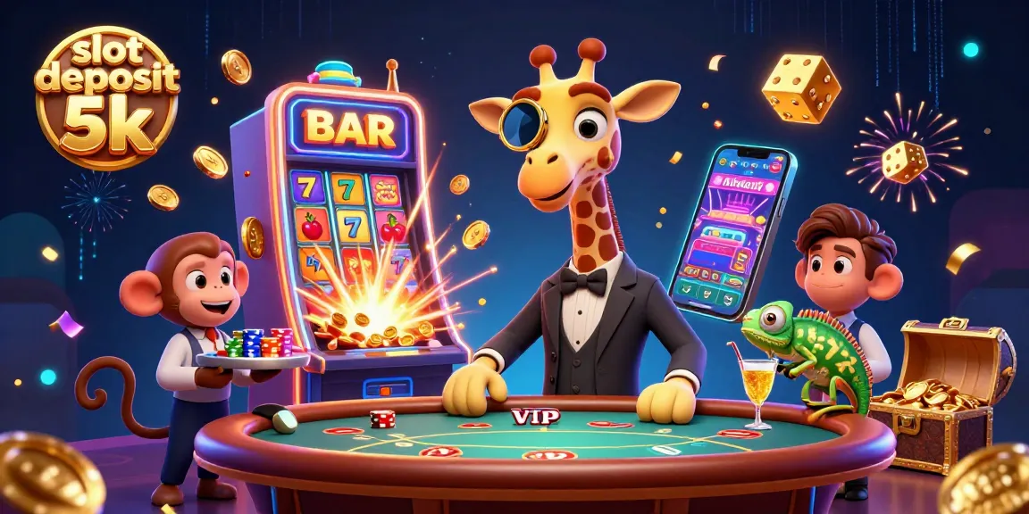 Win big with slot deposit 5k as a cartoon giraffe enjoys a jackpot explosion in a vibrant casino scene.