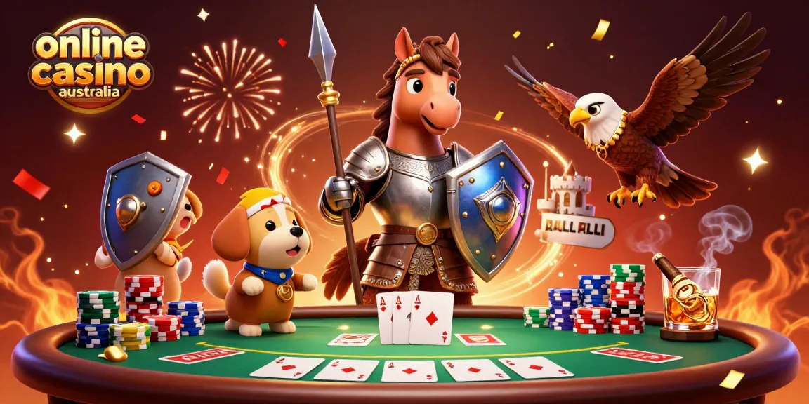 Join the excitement at an online casino Australia with a knight, puppy, and falcon amidst poker action.